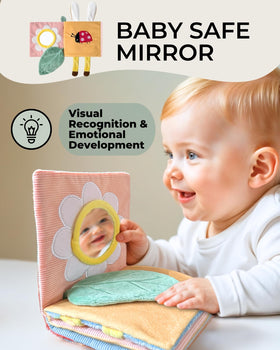 Toodly soft baby book with activities encourages exploration and fine motor skills.