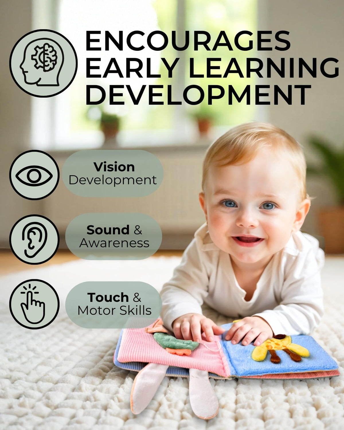 Toodly crinkle pages stimulate auditory curiosity during playtime.