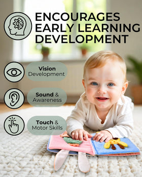 Toodly crinkle pages stimulate auditory curiosity during playtime.