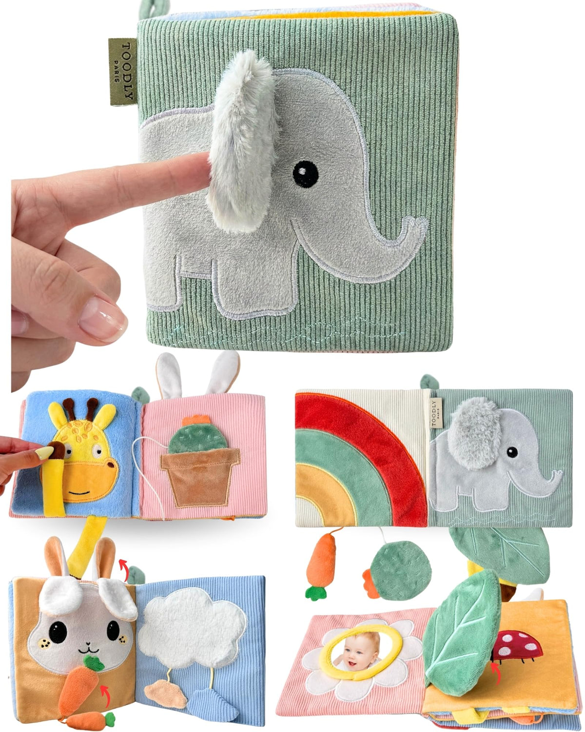 Toodly Cute Soft Baby Book with mirror promotes early recognition and self-awareness.
