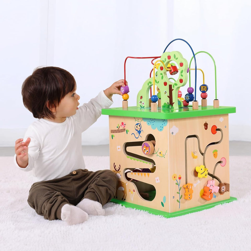 TOOKYLAND 5-in-1 wooden activity center front view supports fine motor skills.