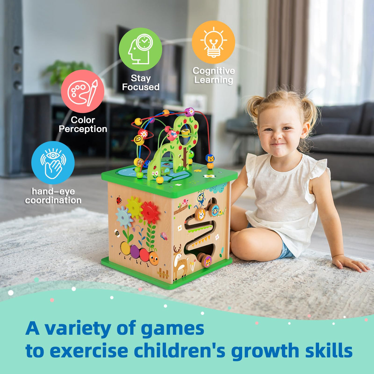 Beaded adventure land encourages hand–eye coordination on TOOKYLAND cube.