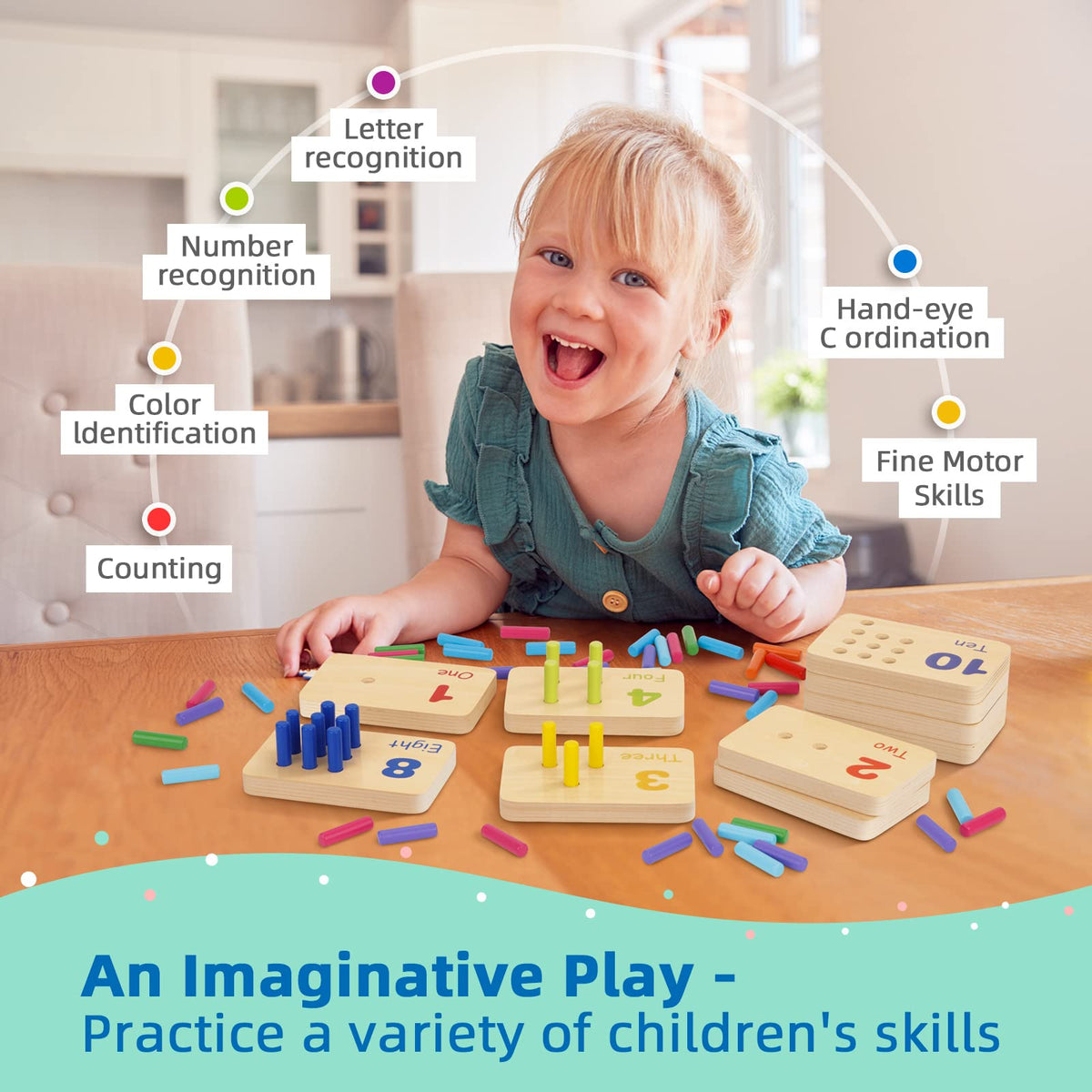 TOOKYLAND wooden peg board highlights animal images to aid visual learning.