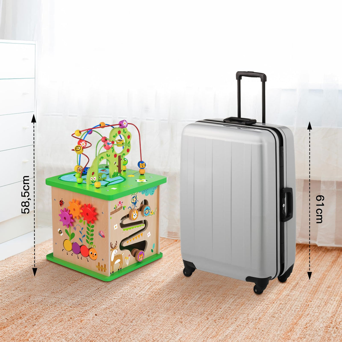 Tap-to-bottom activity portion offers interactive play and motor control for toddlers.