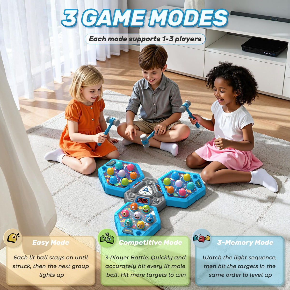 TooLion Whack Game Mole soft hammers ensure safe tapping.