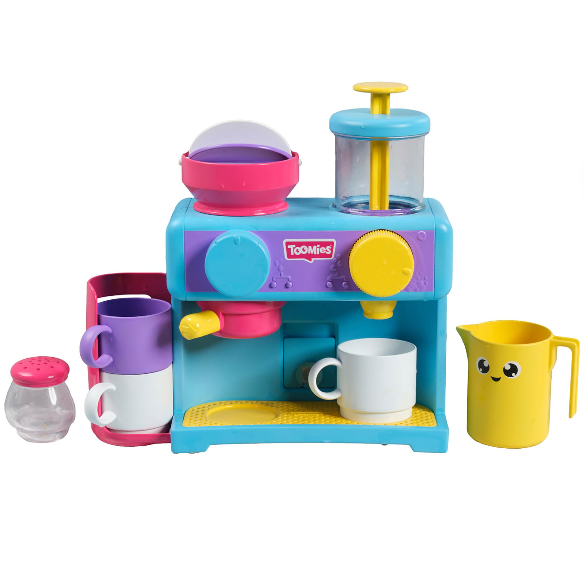 Toomies Bizak bath coffee maker wall-mounted design promotes imaginative play during bath time.