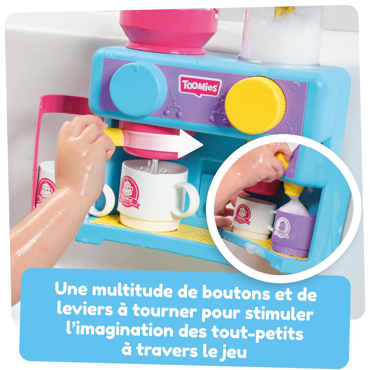 Toomies Bizak frother close-up invites pretend milk foam in bath time.