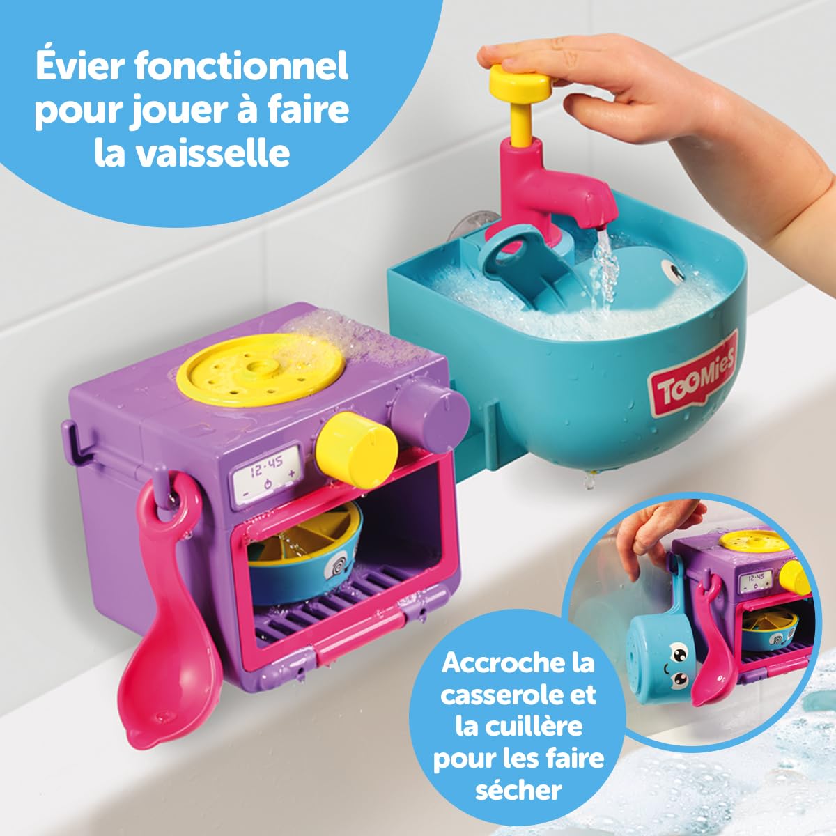 Toomies Bubble & Bake bath-mount setup attaches easily without batteries