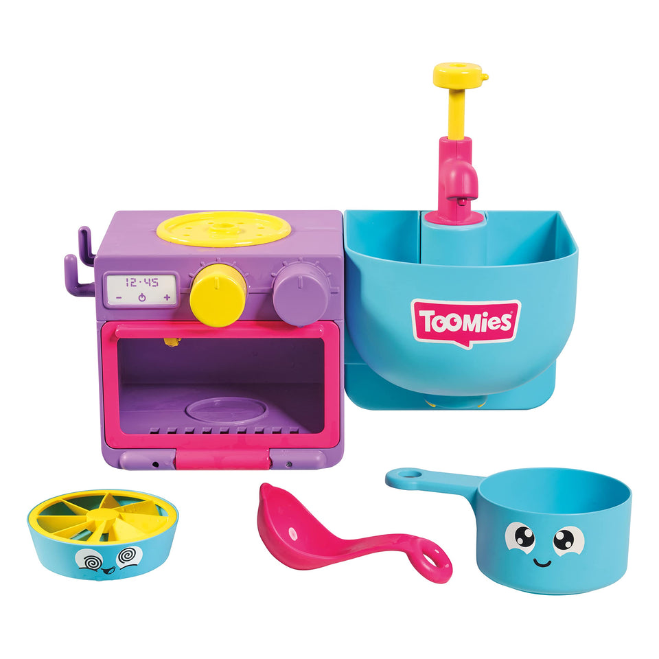 Toomies Bubble & Bake kitchen oven in bath setup encourages imaginative play