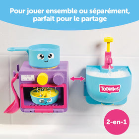 Toomies Bubble & Bake pie dish spins as water flows in the oven
