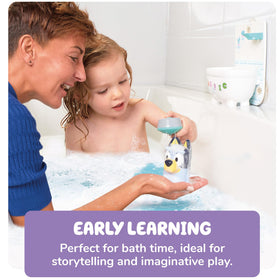 Toomies Shower and Scrub Bluey button-press action adds interactive cause-and-effect play.