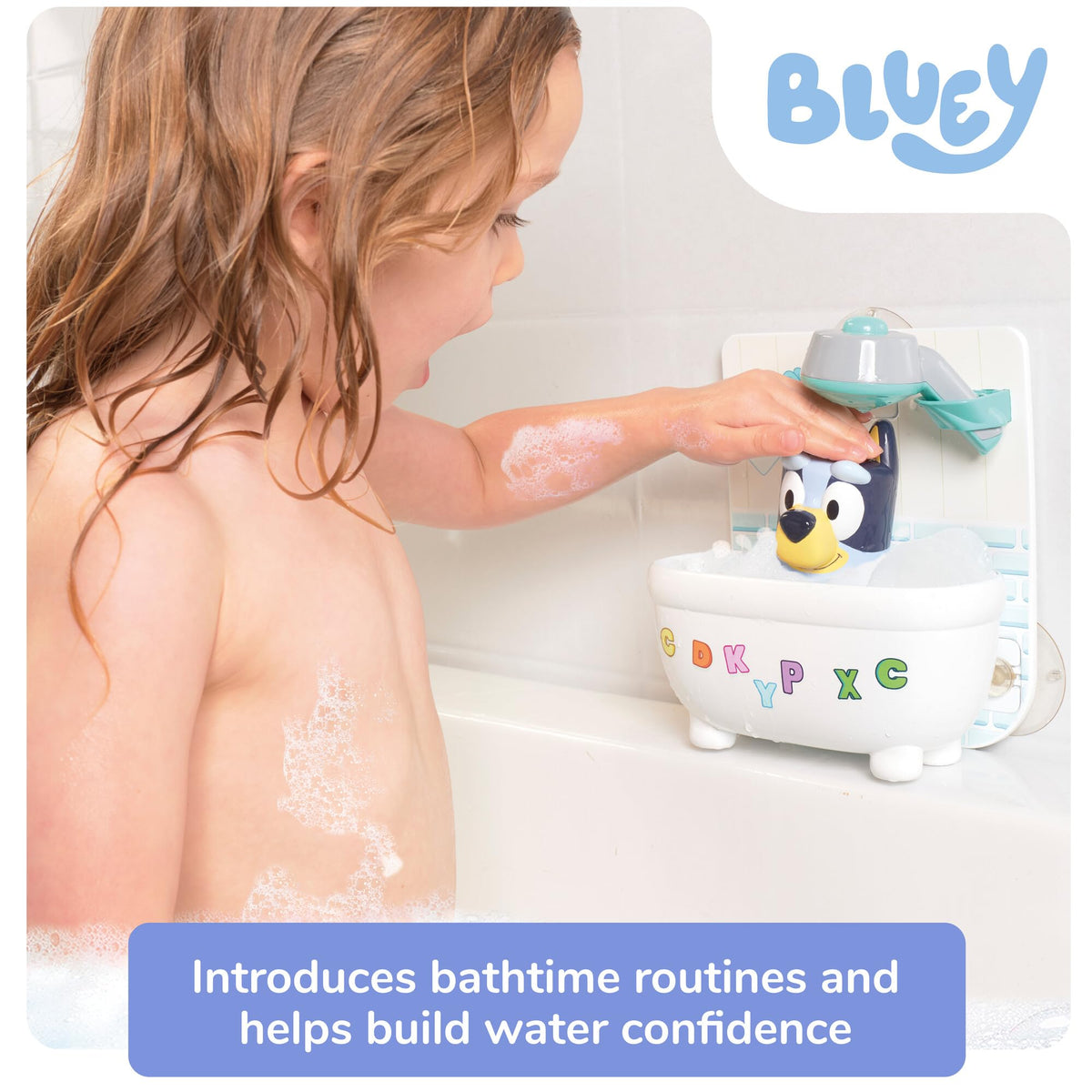 Toomies Shower and Scrub Bluey showerhead-rinse promotes rinsing play during bathtime.