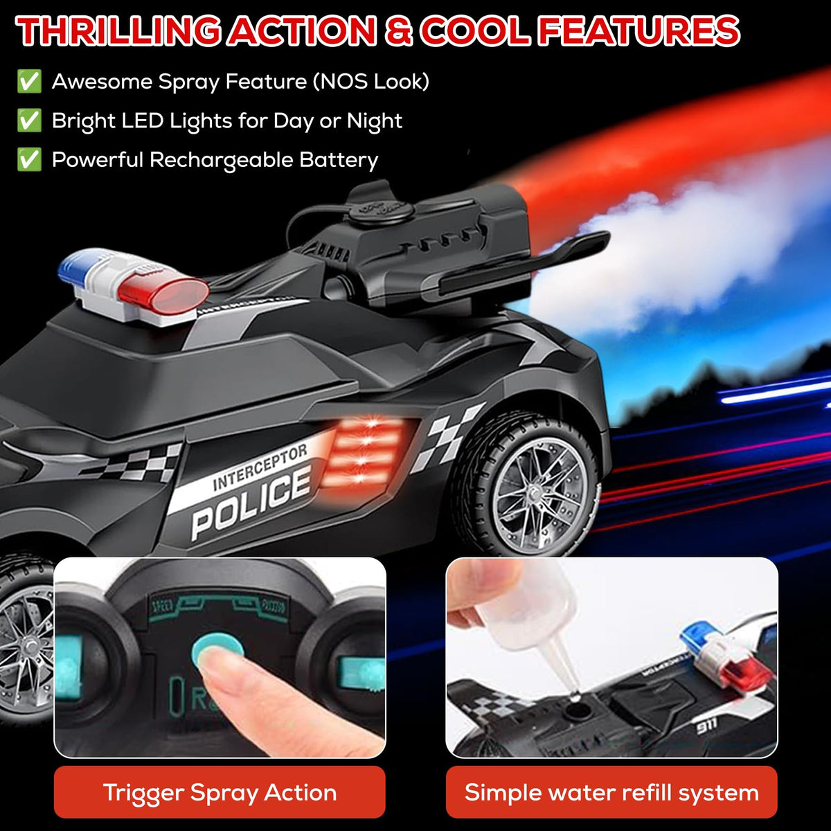 TOOTY TOY RC police car with LED headlights for night play