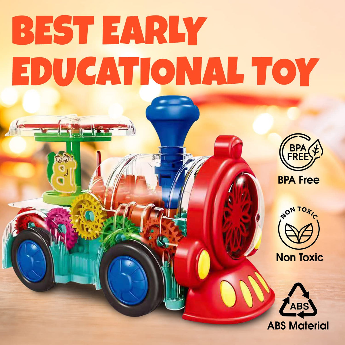 TOOTY TOY transparent sensory train side view highlighting colorful moving gears