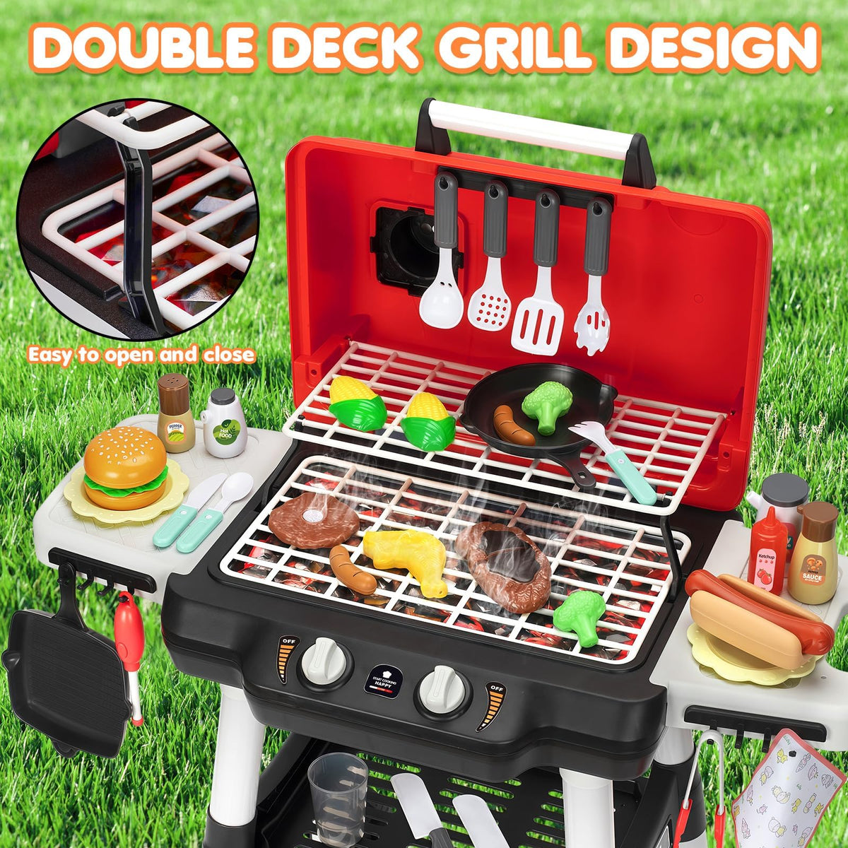 TooyBing grill playset with glowing coals for a realistic sizzling experience.