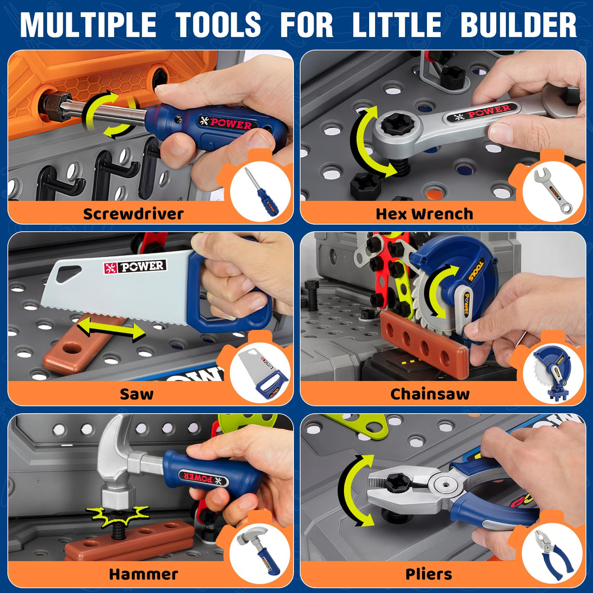 TooyBing Kids Tool Bench storage box keeps tools organized.