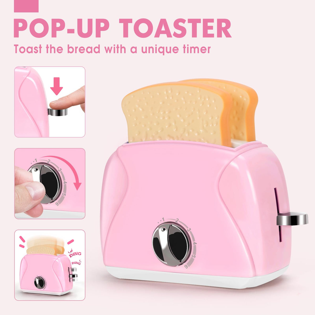 TooyBing pink blender makes eggs and flour feel real during pretend cooking.
