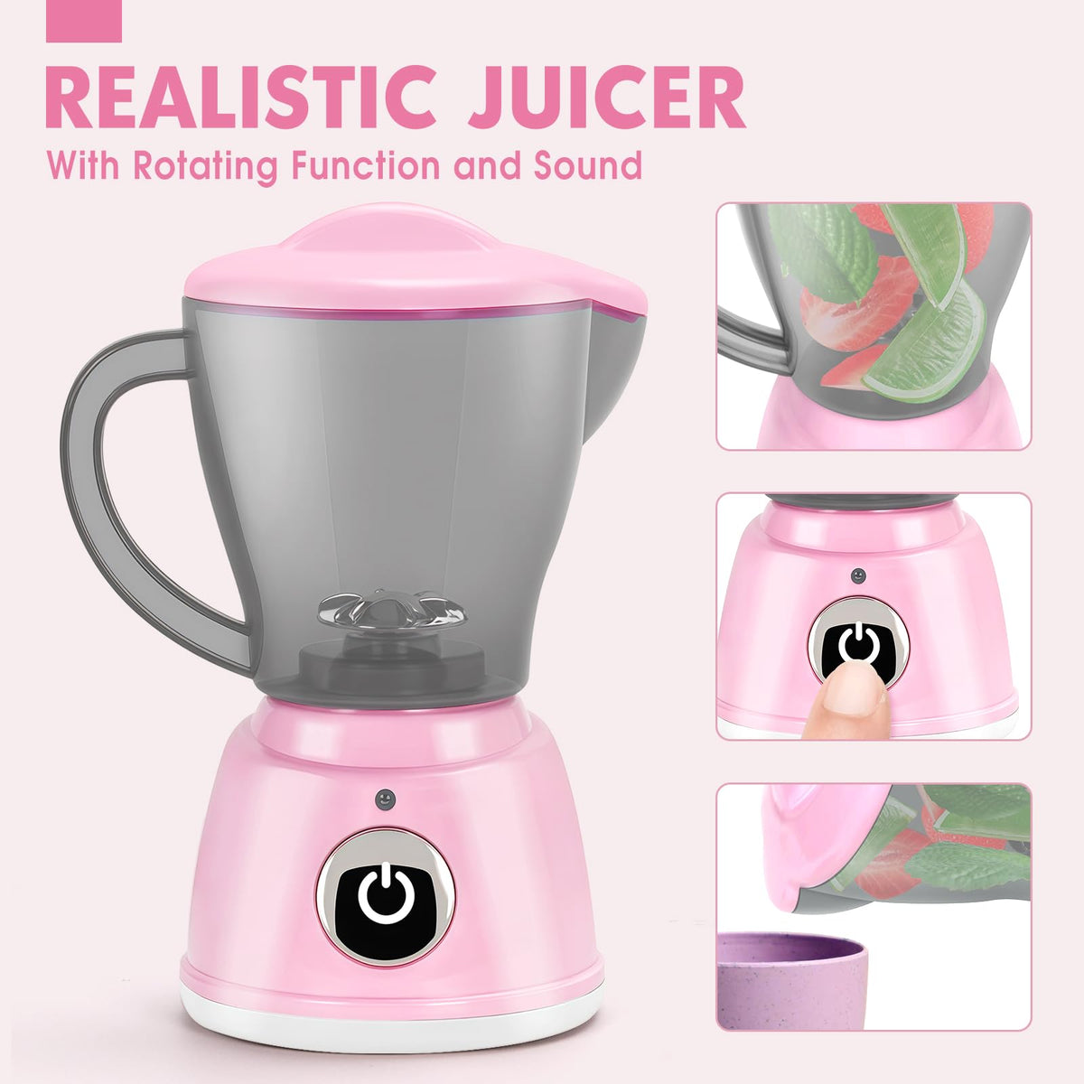 TooyBing pink juicer rotates fruit for pretend fresh juice.