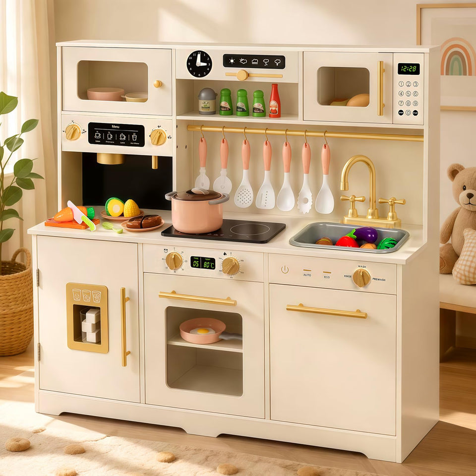 TooyBing Play Kitchen stove area for imaginative cooking and fine motor practice.