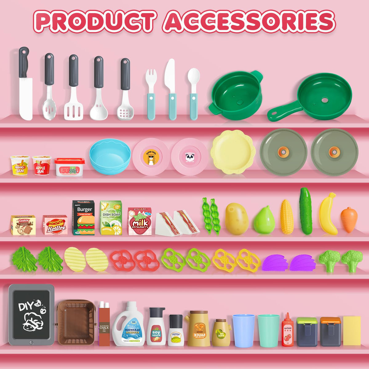 TooyBing red kitchen food and utensils for creative pretend meals.