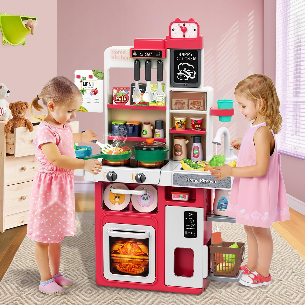 TooyBing red storage basket keeps kitchen toys neatly organized.