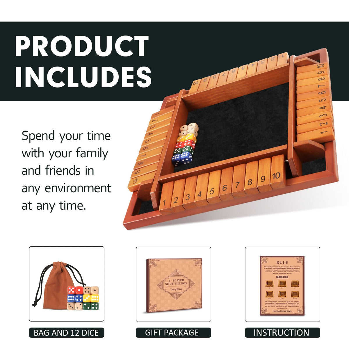 TooyBing Shut the Box dice set with 12 dice for quick rounds.