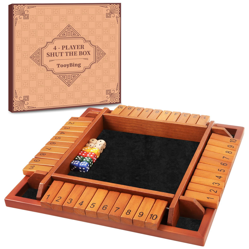 TooyBing Shut the Box game setup on a wooden box for family play.