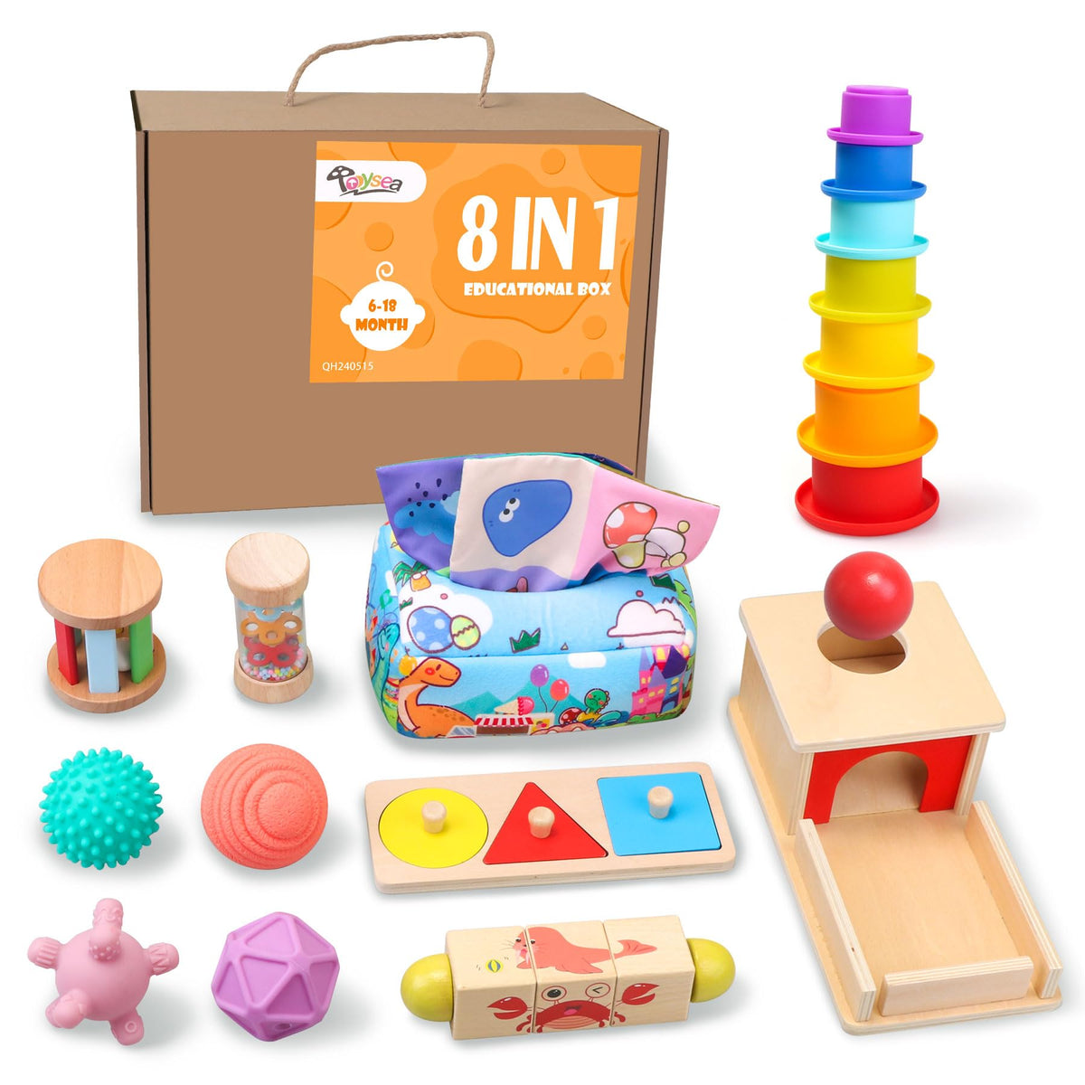 Tooysea tissue box toy fosters grasping and sensory exploration.