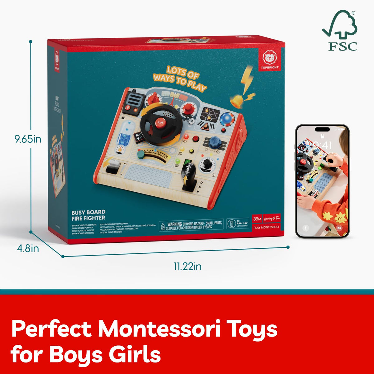 Top Bright Busy Board wooden frame emphasizes durability for toddlers