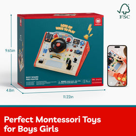 Top Bright Busy Board wooden frame emphasizes durability for toddlers