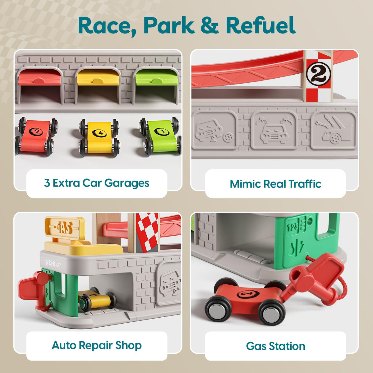 Top Bright sliding car ramp action invites visual tracking during playtime.