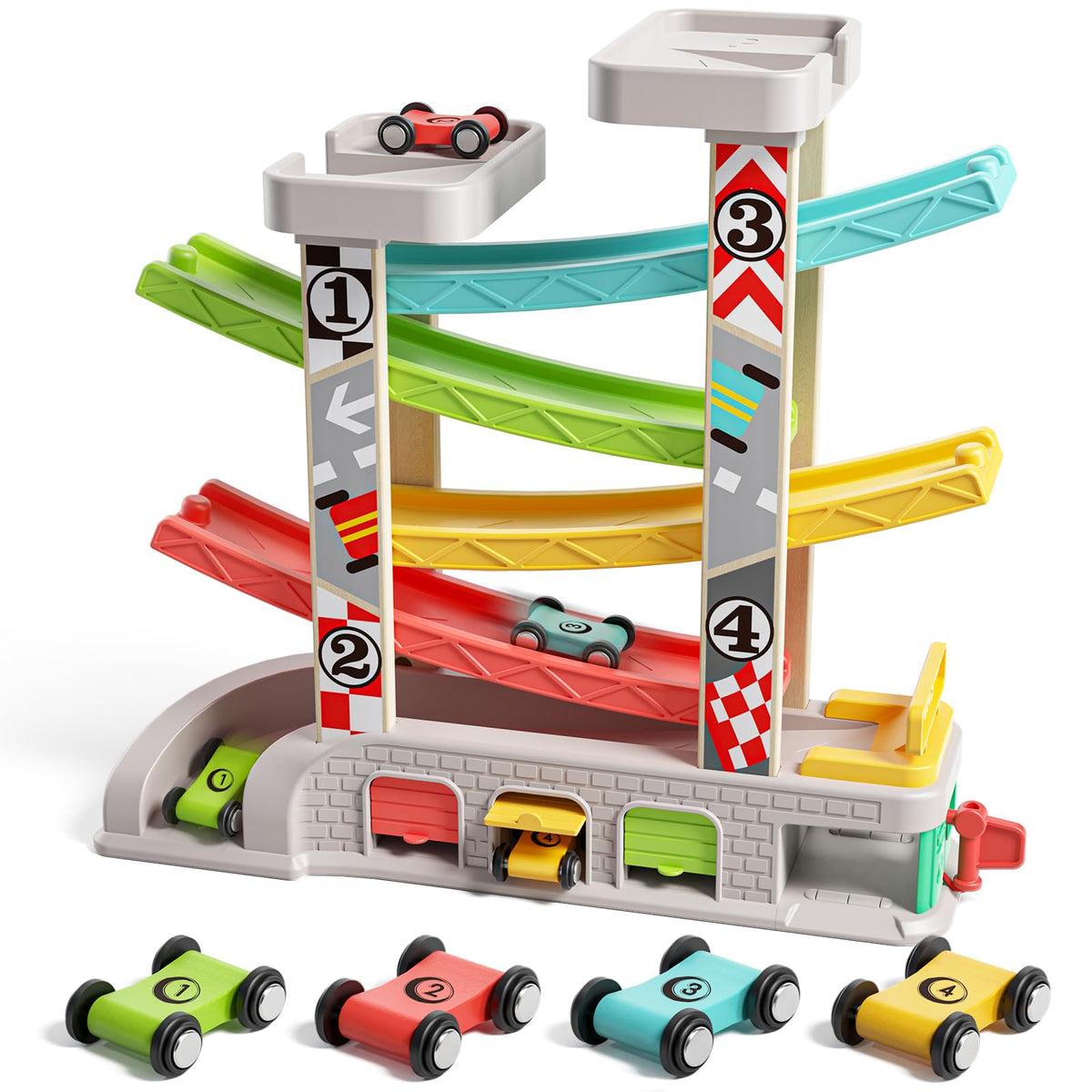 Top Bright car ramp toy with rooftop parking for toddlers' coordination and play.