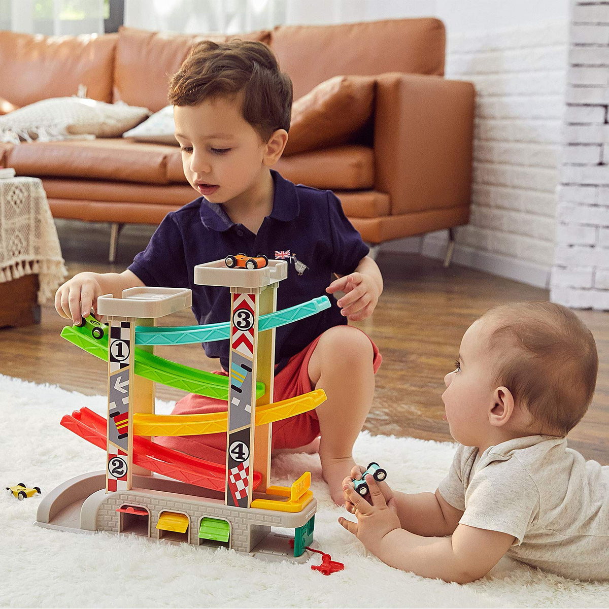 Top Bright wooden cars glide down the ramp for coordination practice