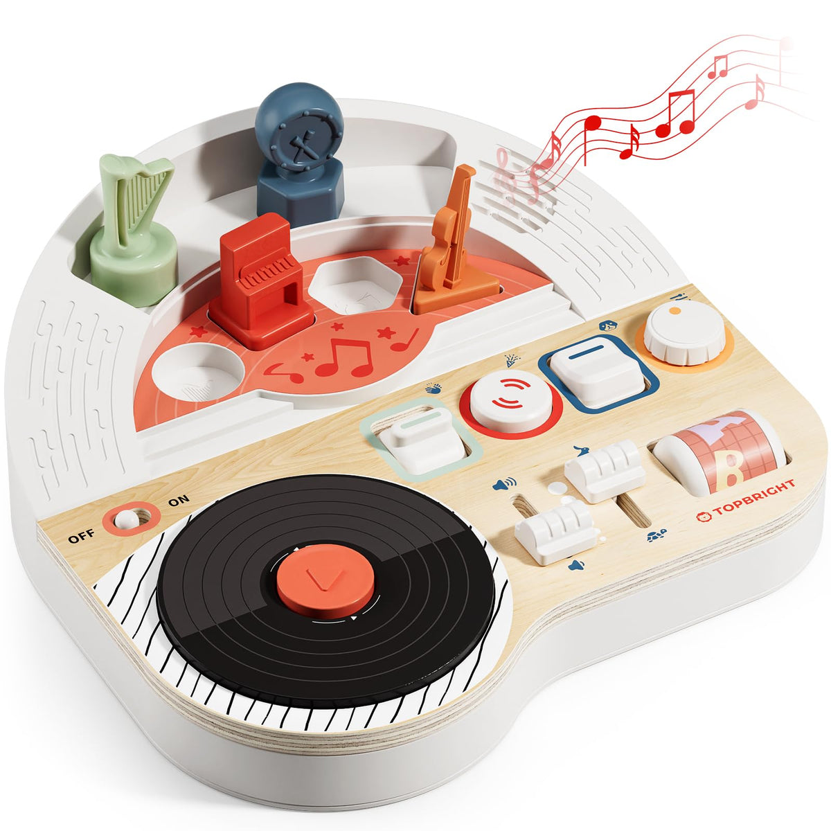 Top Bright DJ Busy Board front view showing engaging multi-sensory play for toddlers.