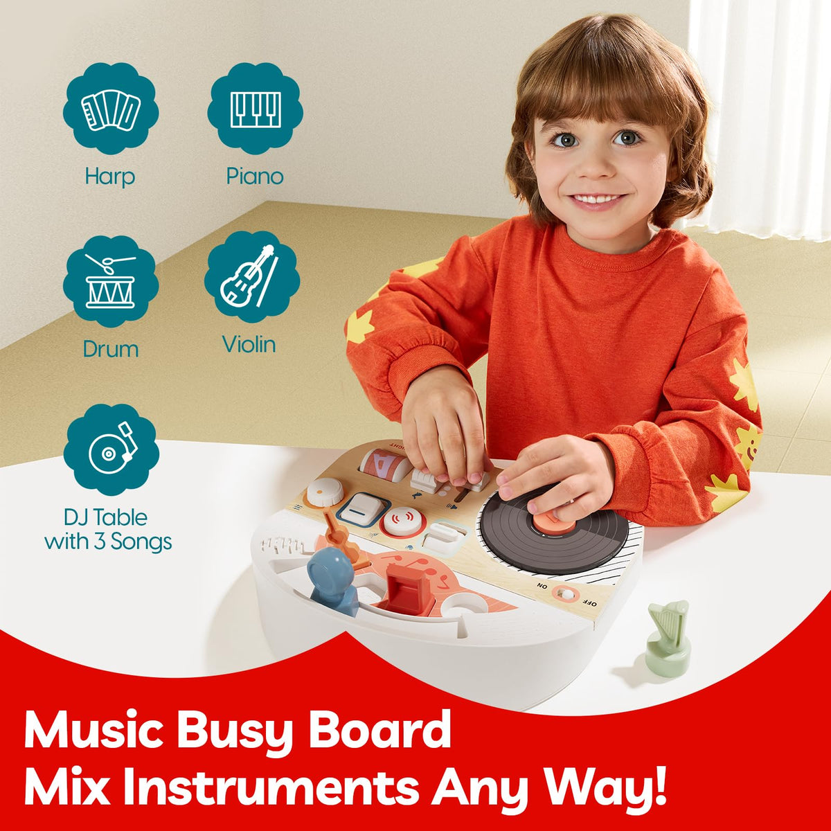 Top Bright DJ Busy Board instrument blocks enable early sound exploration.