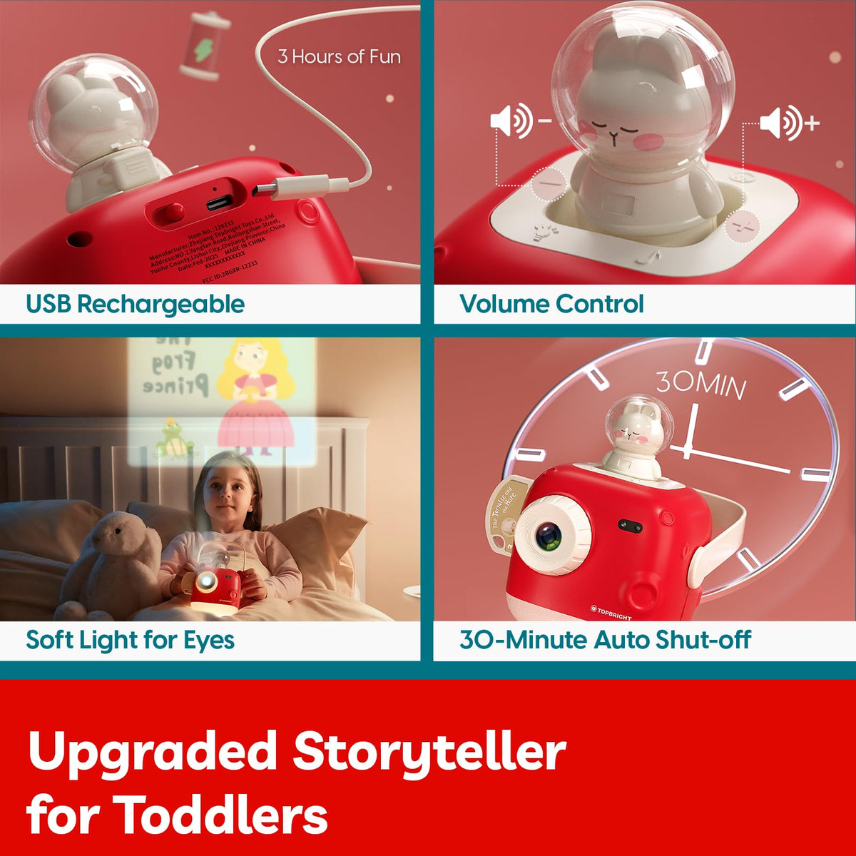 Top Bright Story Projector supports USB charging for extended play sessions.
