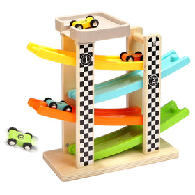 TOP BRIGHT toddler race track with top parking lot, safe wooden design for toddlers