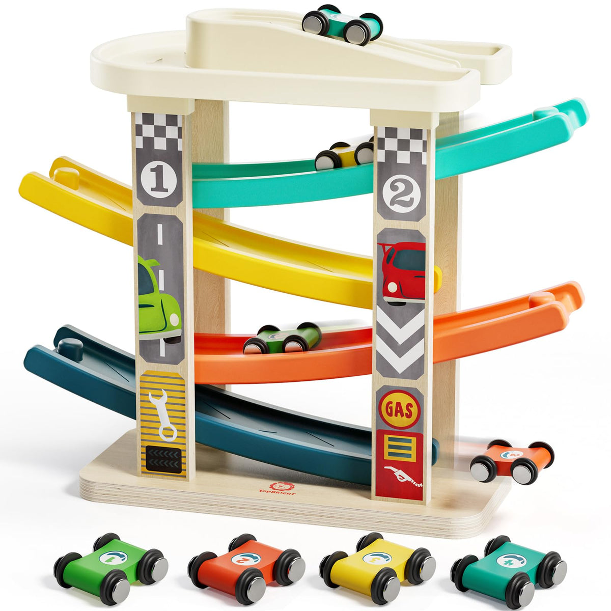TOP BRIGHT wooden race track with multi level ramps boosts coordination and imaginative play