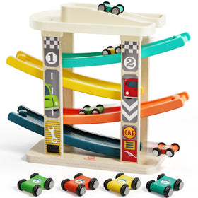 TOP BRIGHT wooden race track with multi level ramps boosts coordination and imaginative play