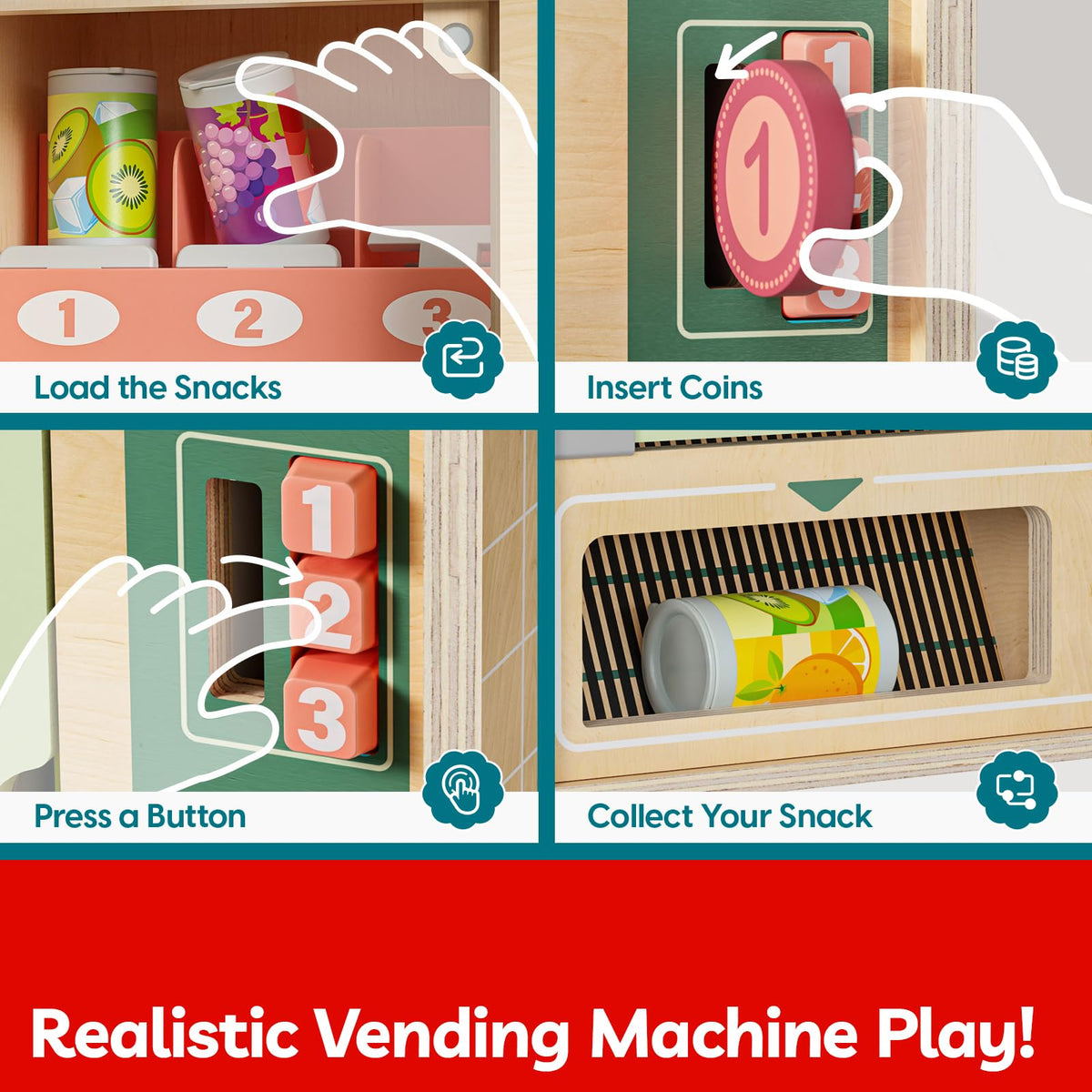 Top Bright wooden drink cans invite beverage-themed role play for kids