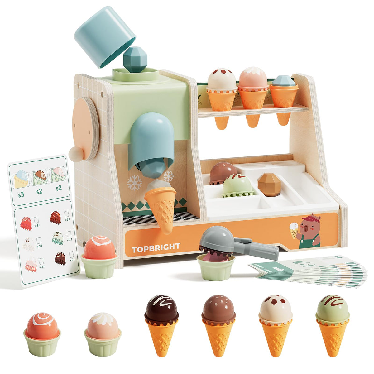 Top Bright wooden ice cream counter boosts imaginative play and social interaction.