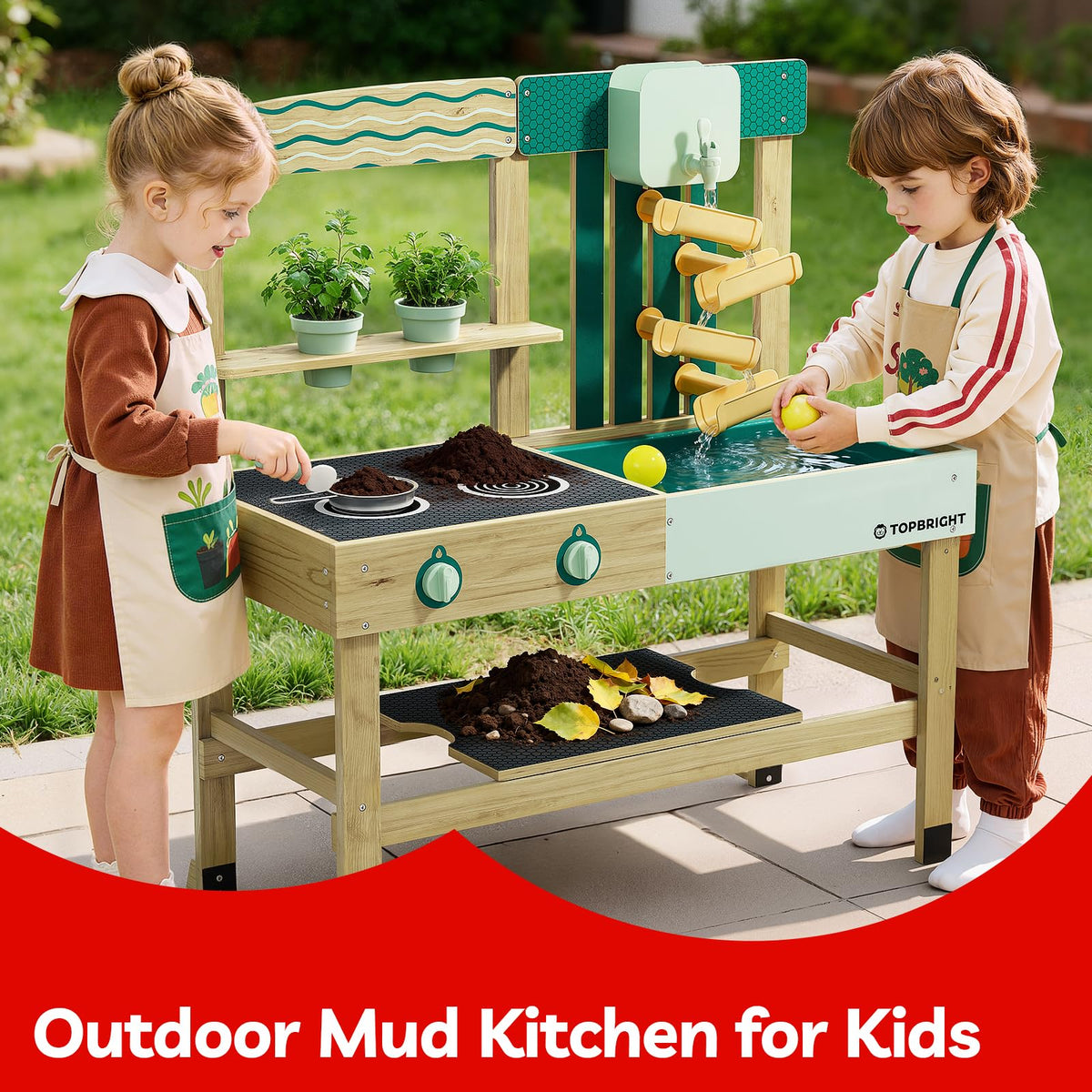 Top Bright wooden outdoor playhouse featuring a pretend kitchen inspires social and imaginative play.
