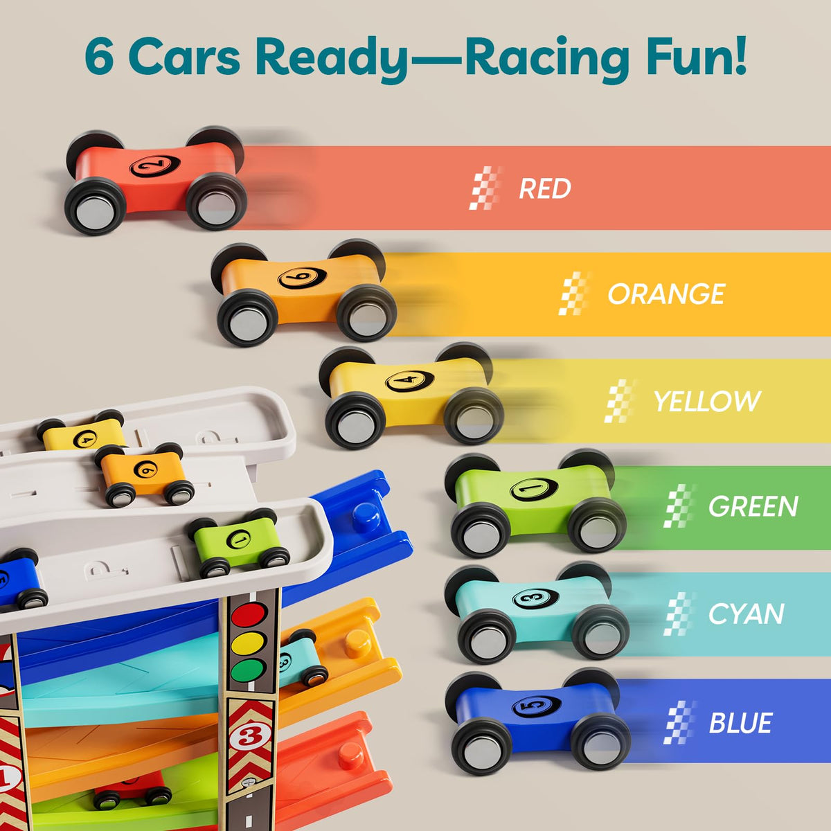 Top Bright race track car garage invites kids to tidy up after play.