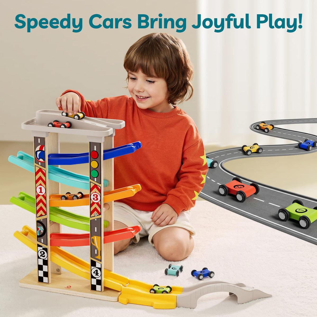 Top Bright wooden race track with four car ramps for level-by-level play.