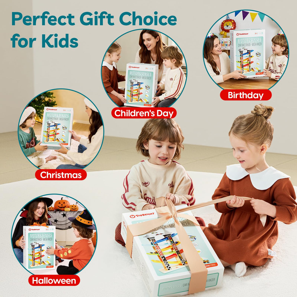 Top Bright race set includes six mini cars for quick setup and sharing.
