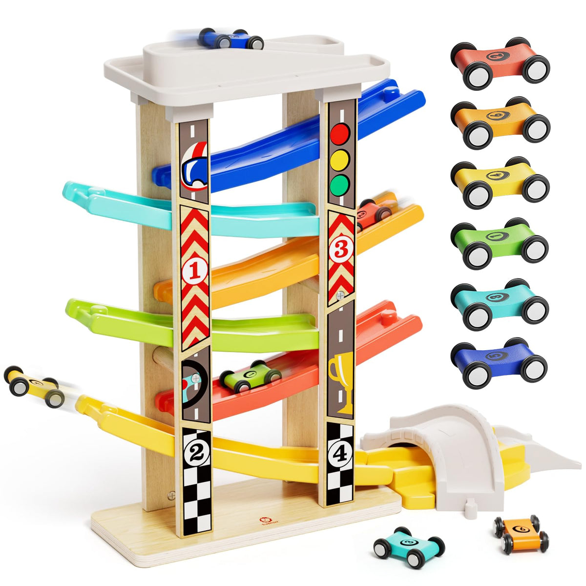 Top Bright wooden race track with top parking lot for easy car storage.
