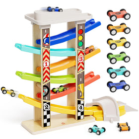 Top Bright wooden race track with top parking lot for easy car storage.