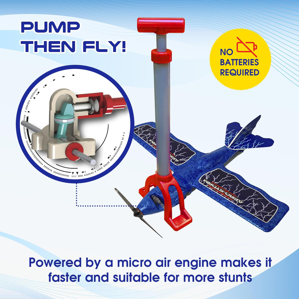 Top Secret Toys Aero Storm pump-powered launch enables battery-free propulsion.