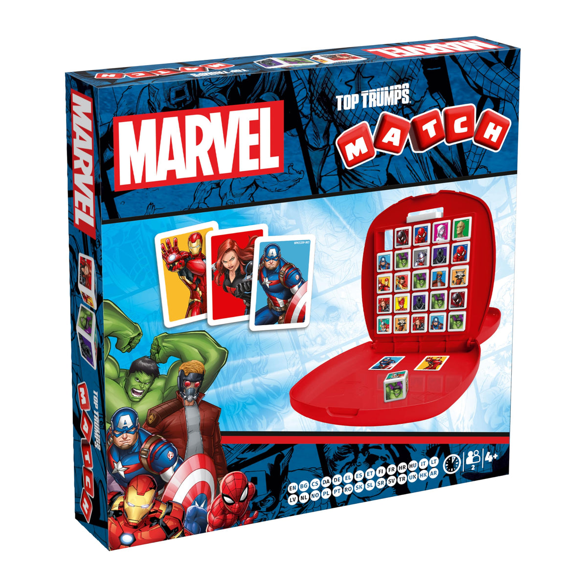 Top Trumps Marvel Heroes match game grid supports two-player memory and strategy.