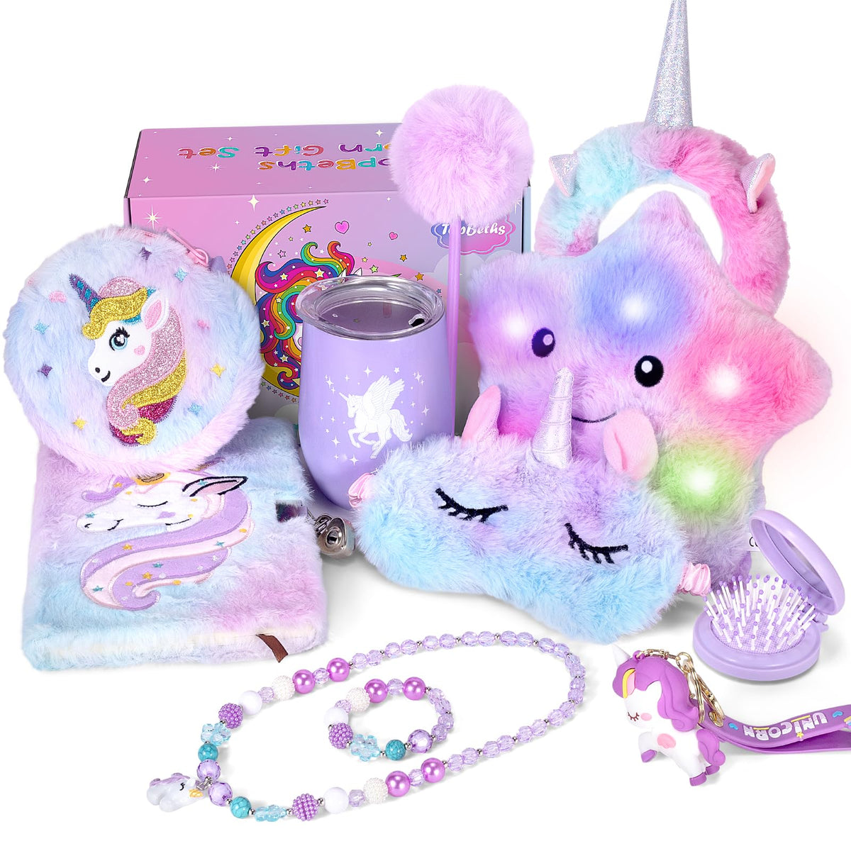 TopBeths unicorn gift set box with complete bedtime-ready surprises, perfect for birthdays.